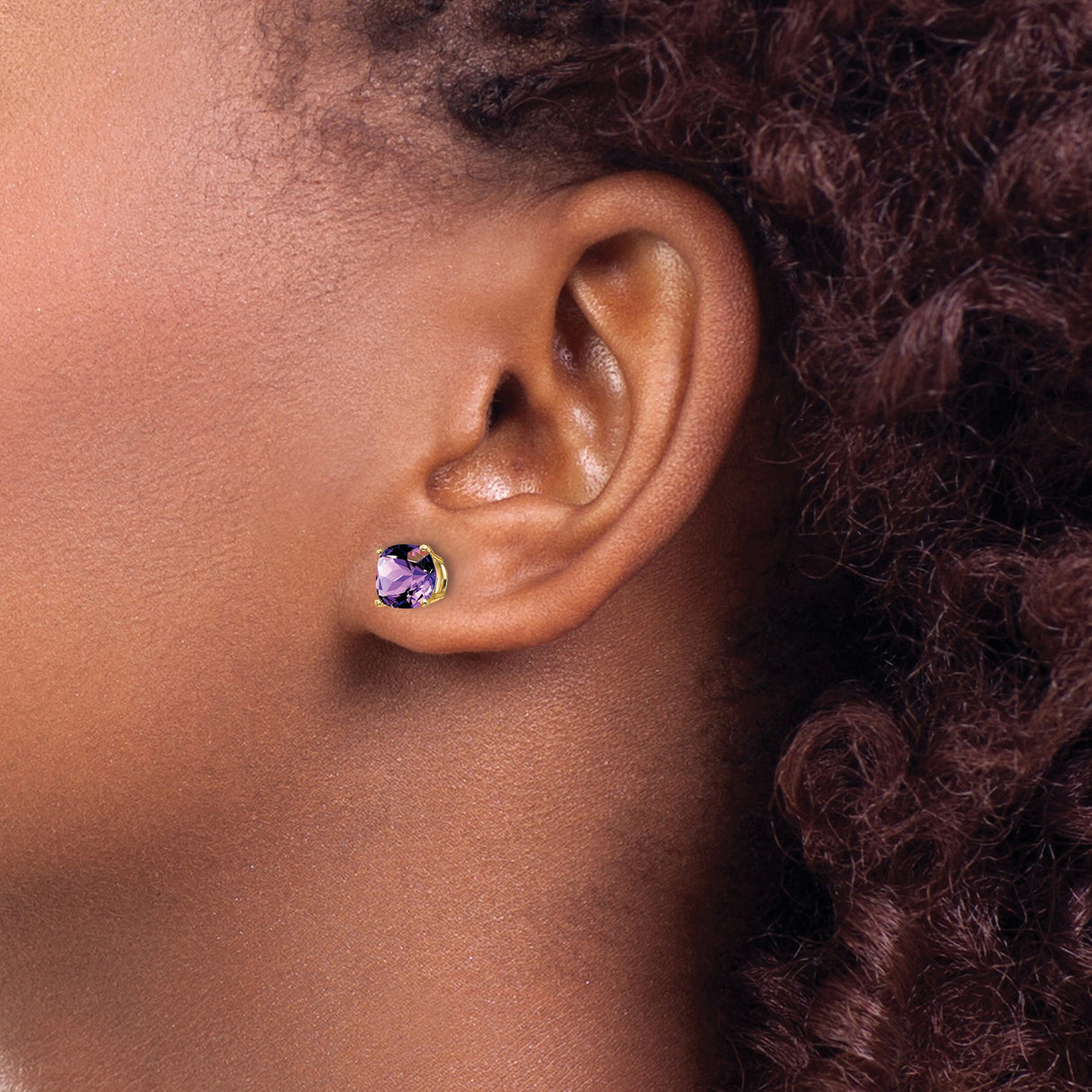 14k Yellow Gold Stud Earrings with Cushion Cut Amethyst Checkerboard Gemstones