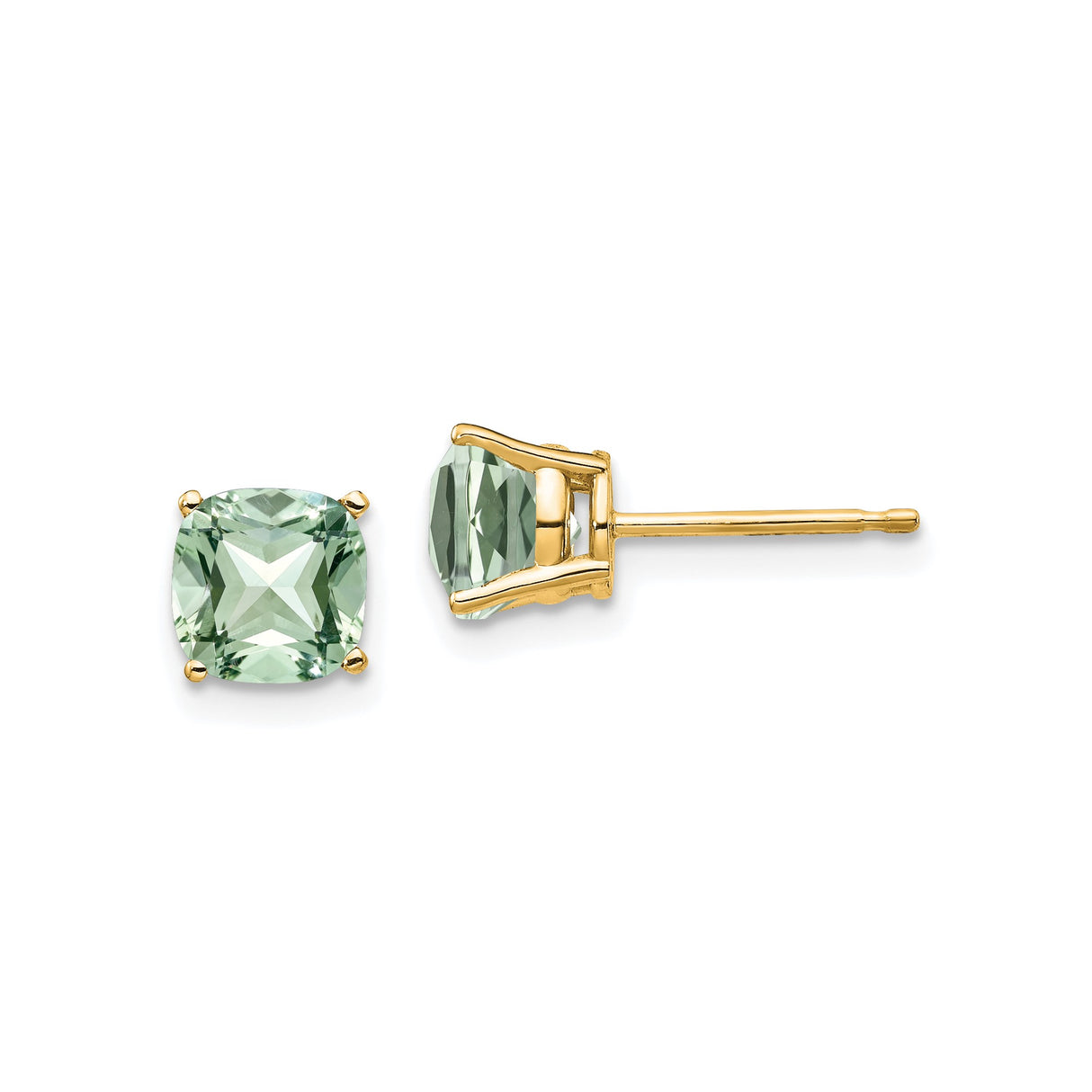 14k Yellow Gold Stud Earrings with Cushion Cut Green Quartz, Four Prong Setting