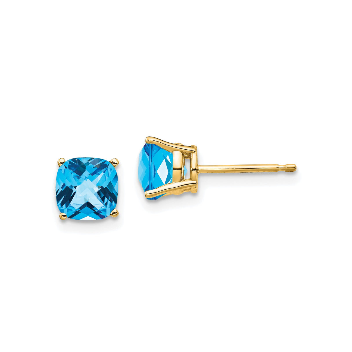 14k Yellow Gold Stud Earrings with Swiss Blue Topaz, Cushion Cut in Four Prong Setting