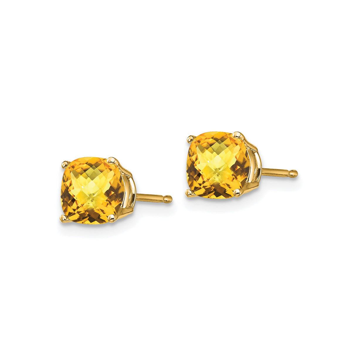 14k Yellow Gold Citrine Stud Earrings, Cushion Cut with Checkerboard Design