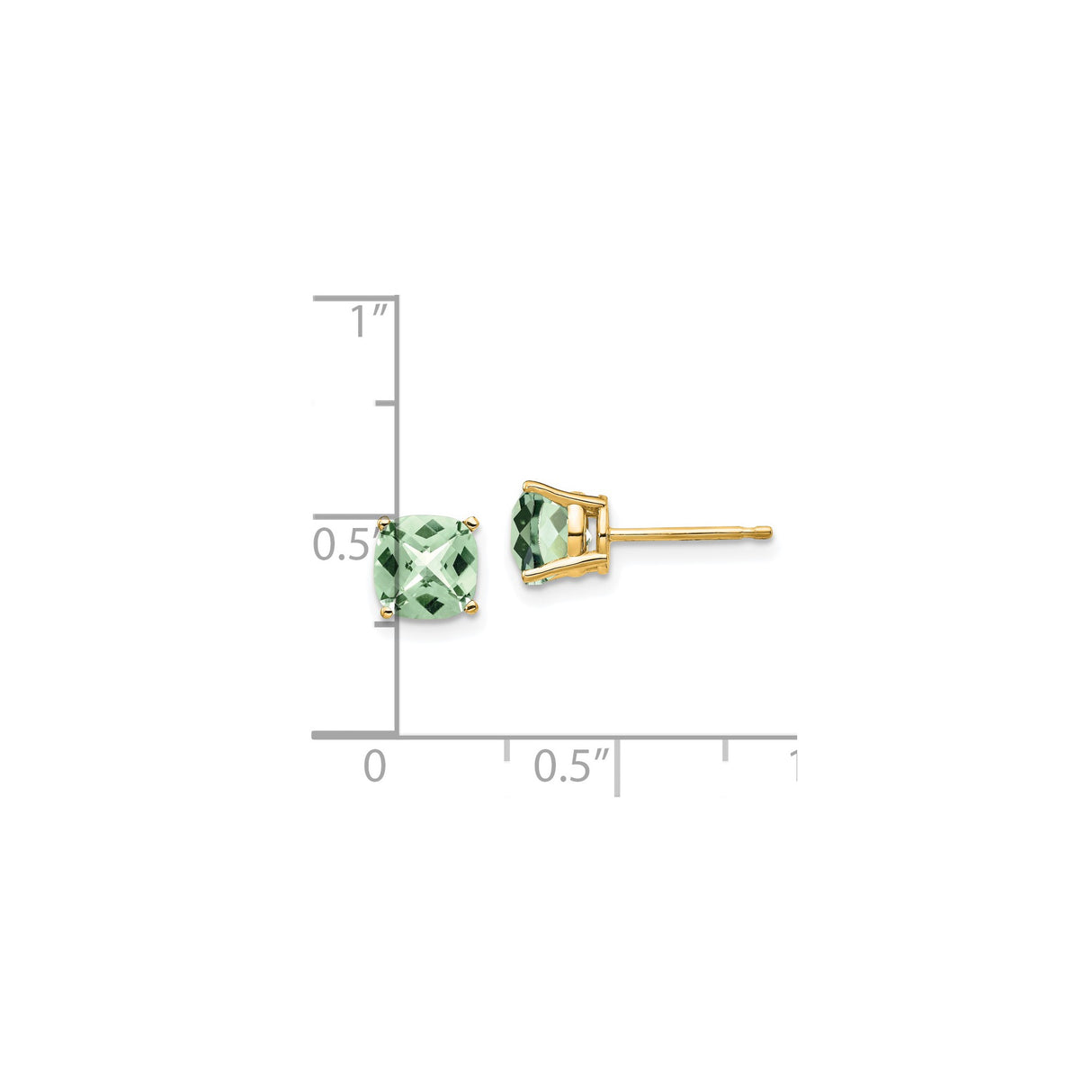 14k Yellow Gold Stud Earrings with Cushion Cut Green Quartz, Minimalist Modern Design