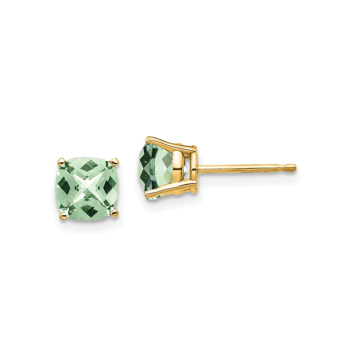 14k Yellow Gold Stud Earrings with Cushion Cut Green Quartz, Minimalist Modern Design
