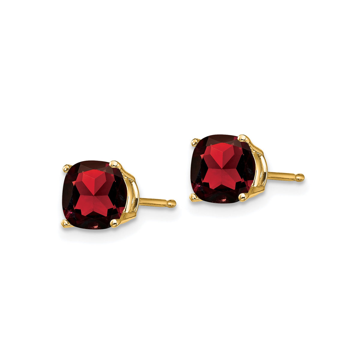 14k Yellow Gold Garnet Stud Earrings, Cushion Cut Four Prong Setting, January Birthstone