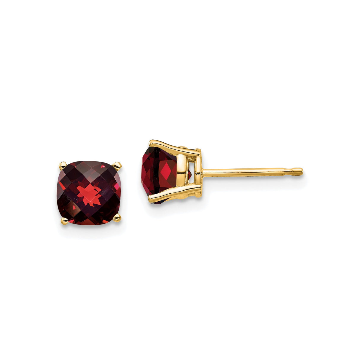 14k Yellow Gold Garnet Stud Earrings, Cushion Cut Four Prong Setting, January Birthstone