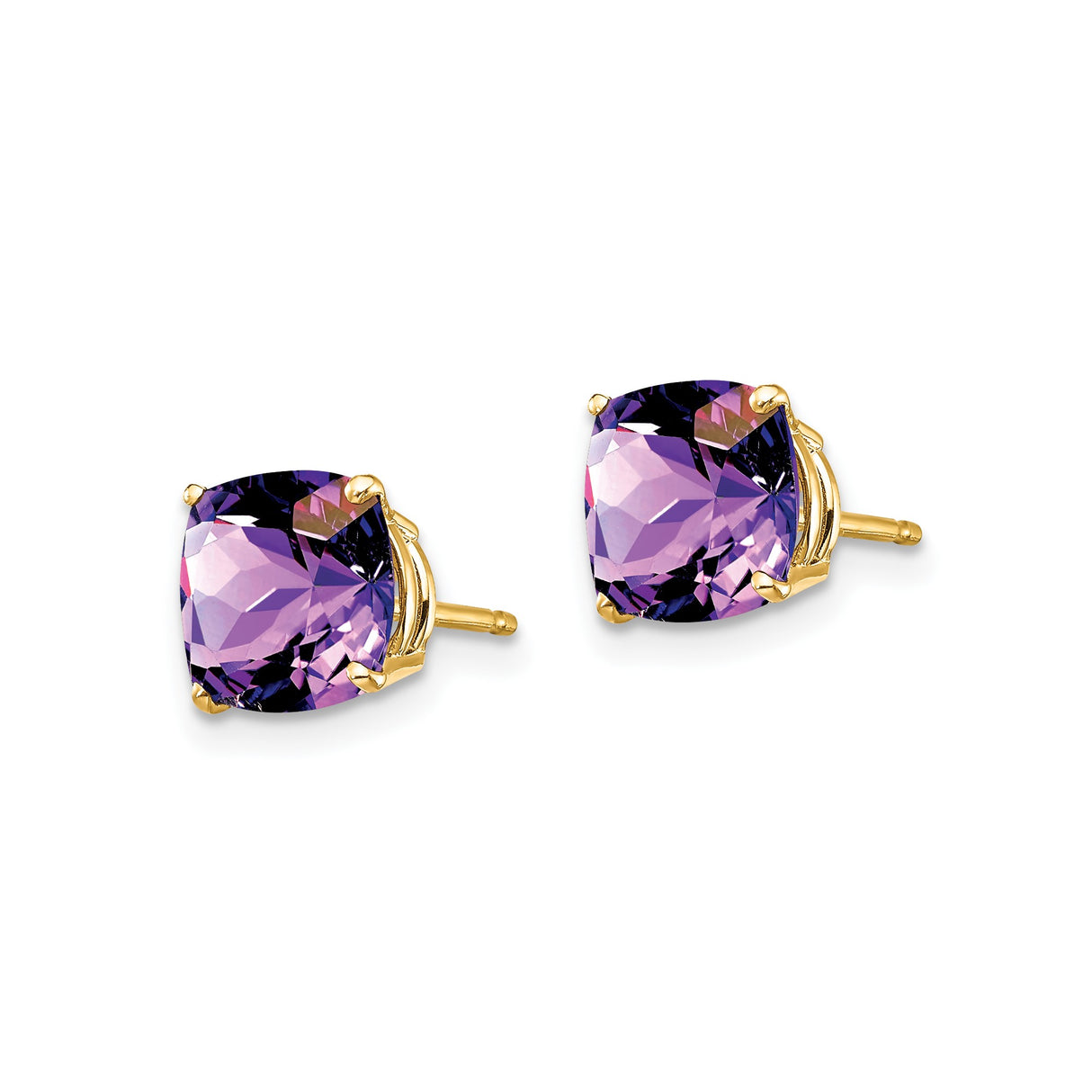 14k Yellow Gold Stud Earrings with Cushion Cut Amethyst in Prong Setting