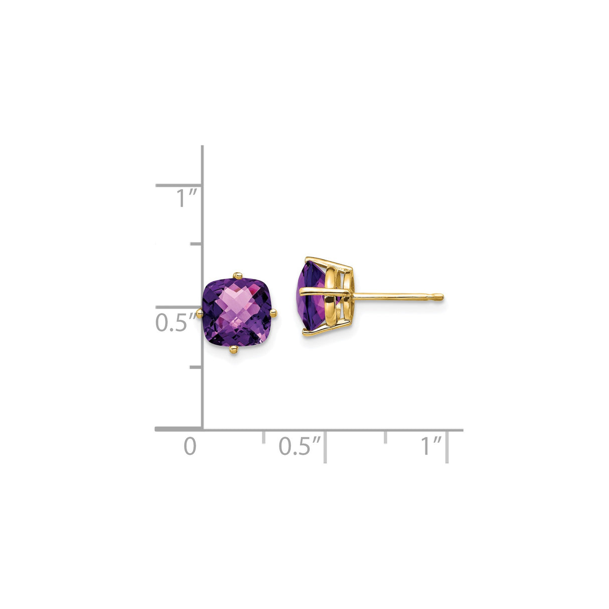14k Yellow Gold Stud Earrings with Cushion Cut Amethyst in Prong Setting