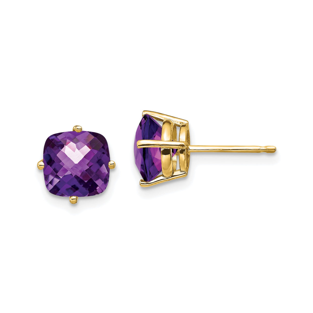 14k Yellow Gold Stud Earrings with Cushion Cut Amethyst in Prong Setting