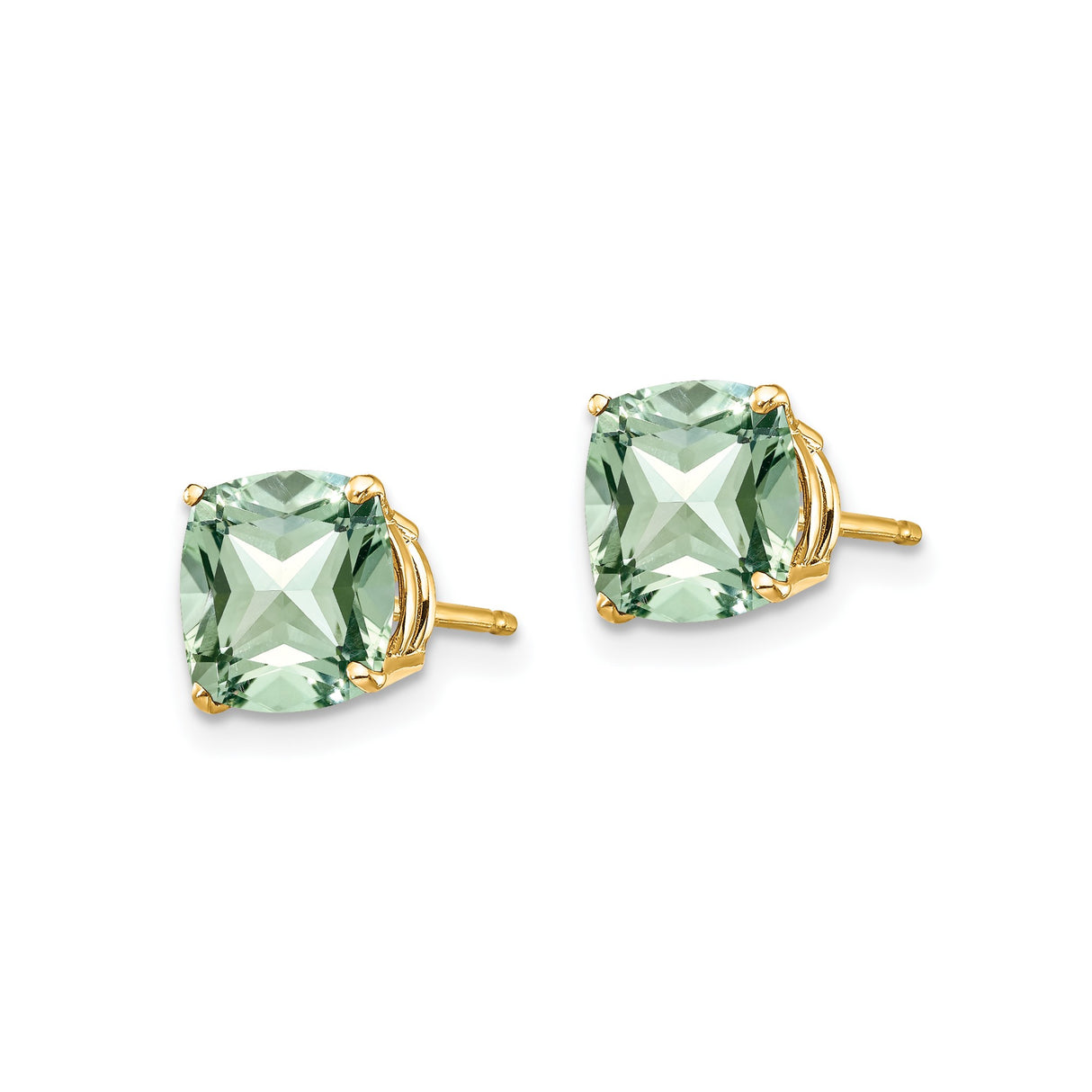 14k Yellow Gold Stud Earrings with Cushion Cut Green Quartz, Four Prong Setting, Faceted Gemstone