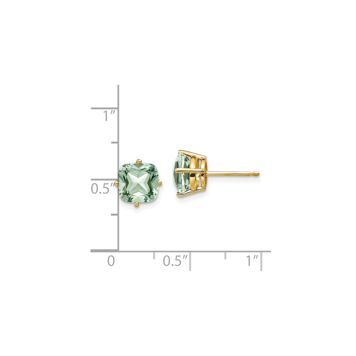 14k Yellow Gold Stud Earrings with Cushion Cut Green Quartz, Four Prong Setting, Faceted Gemstone
