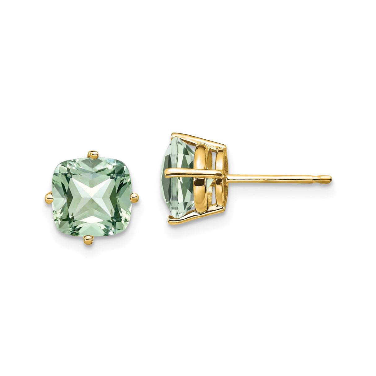 14k Yellow Gold Stud Earrings with Cushion Cut Green Quartz, Four Prong Setting, Faceted Gemstone