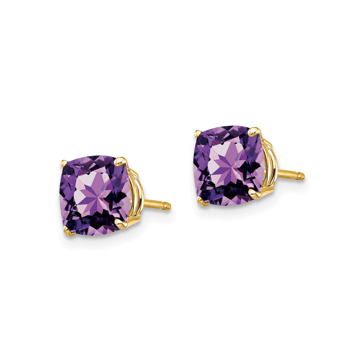 14k Yellow Gold Amethyst Stud Earrings, Cushion Cut Solitaire, Four Prong Setting