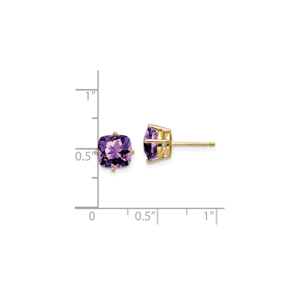 14k Yellow Gold Amethyst Stud Earrings, Cushion Cut Solitaire, Four Prong Setting
