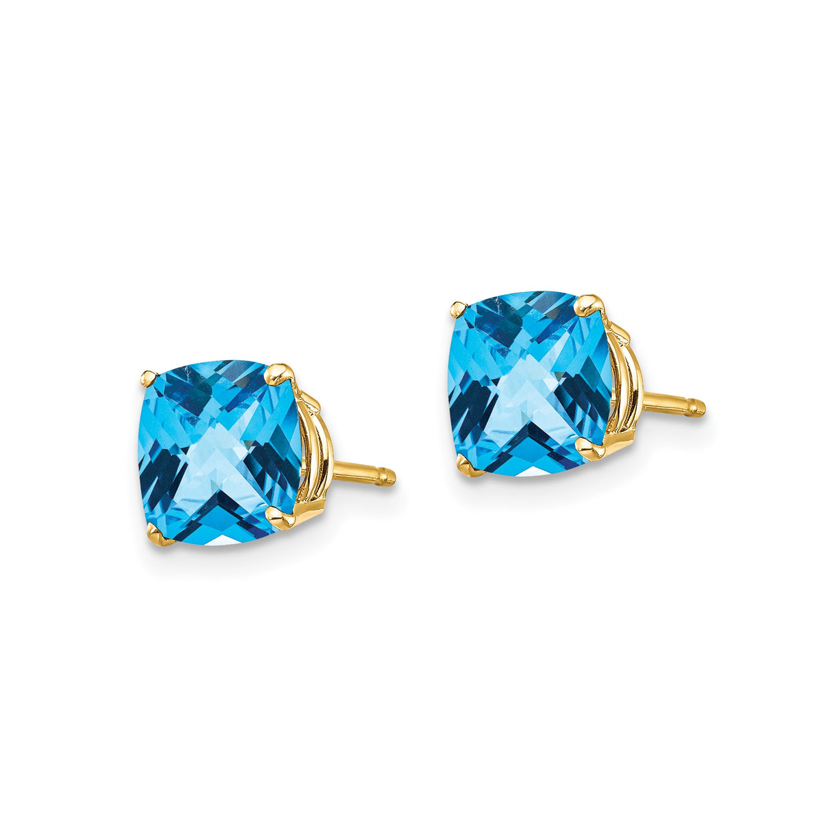14k Yellow Gold Blue Topaz Stud Earrings, Cushion Cut, Four Prong Setting, December Birthstone