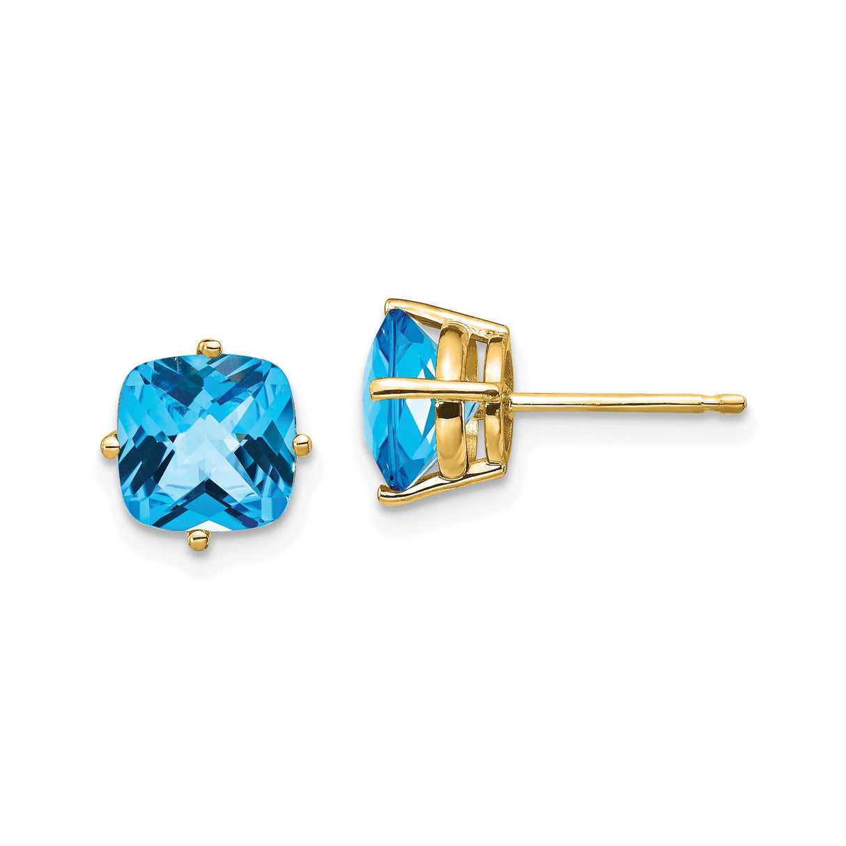 14k Yellow Gold Blue Topaz Stud Earrings, Cushion Cut, Four Prong Setting, December Birthstone