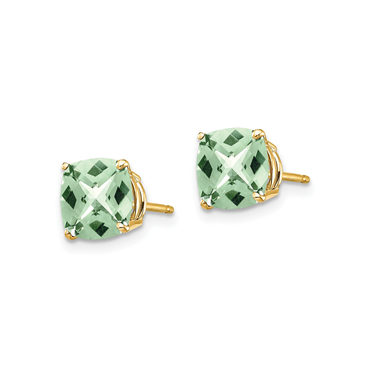 14k Yellow Gold Stud Earrings with Cushion Cut Green Quartz, Four Prong Setting