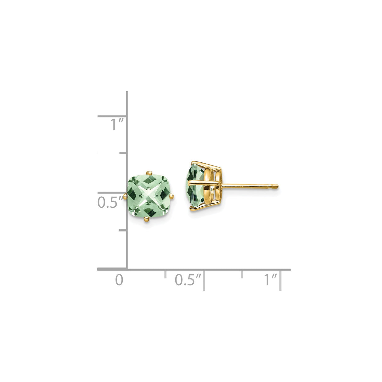 14k Yellow Gold Stud Earrings with Cushion Cut Green Quartz, Four Prong Setting