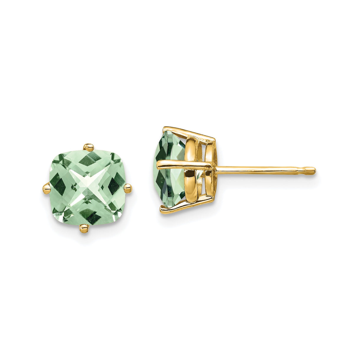 14k Yellow Gold Stud Earrings with Cushion Cut Green Quartz, Four Prong Setting