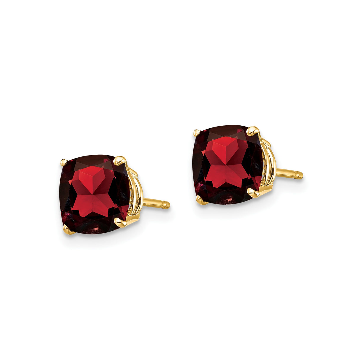 14K Yellow Gold Garnet Stud Earrings Cushion Cut Red Gem