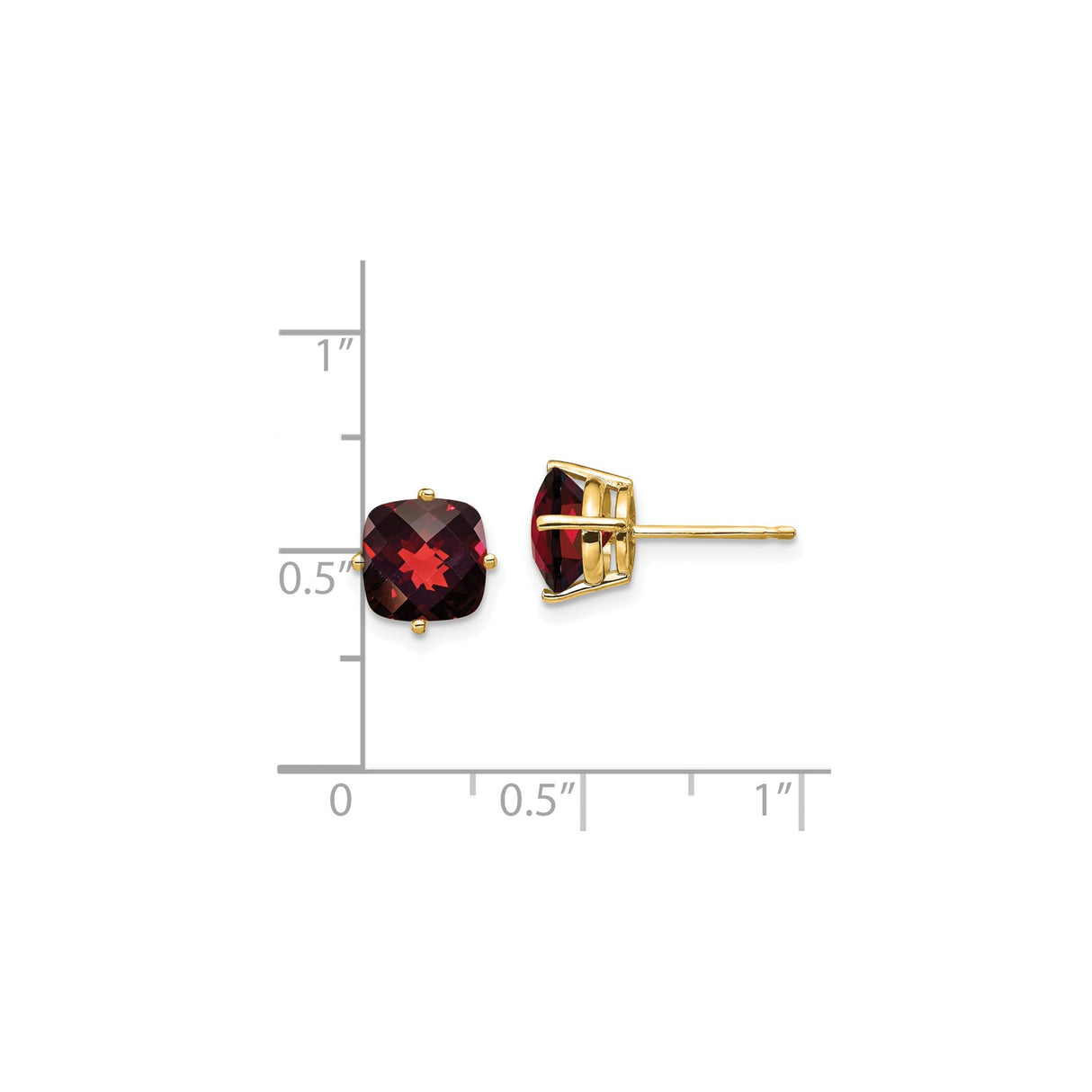 14K Yellow Gold Garnet Stud Earrings Cushion Cut Red Gem