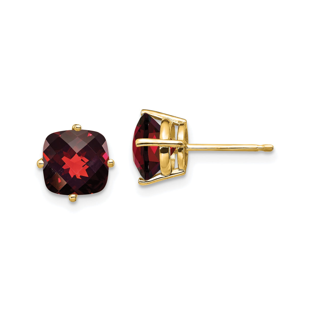 14k Yellow Gold Garnet Stud Earrings for Women with Cushion Cut Red Gemstone in Four Prong Setting, January Birthstone Jewelry, Elegant Minimalist Design, Classic Everyday Wear Gold Studs