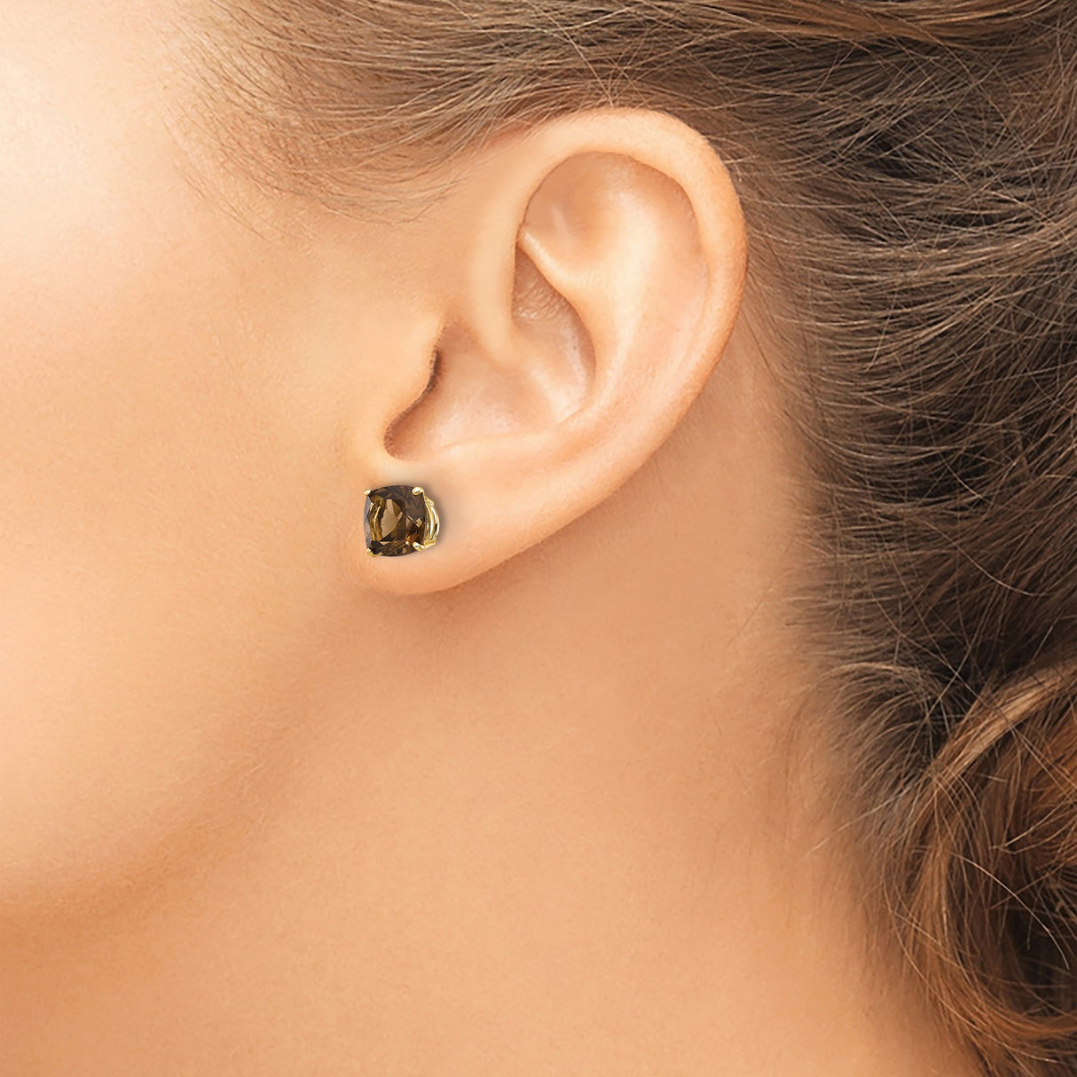 14k Yellow Gold Stud Earrings with Cushion Cut Smoky Quartz, Minimalist Jewelry for Women