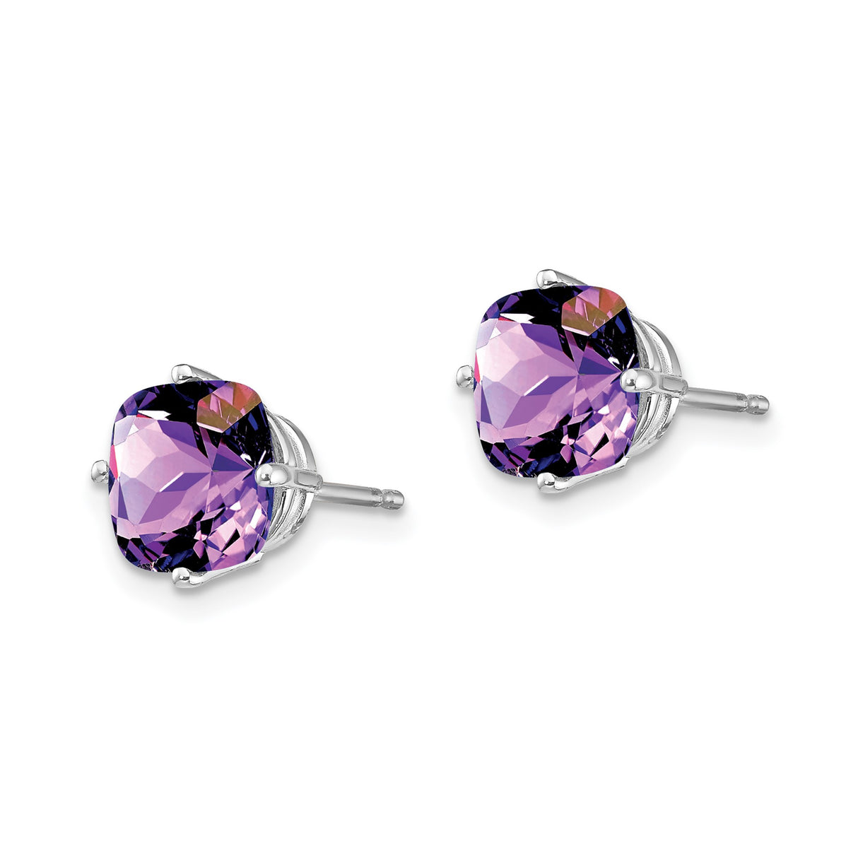 14k White Gold Amethyst Stud Earrings, Cushion Cut Purple Gemstone in Four Prong Setting