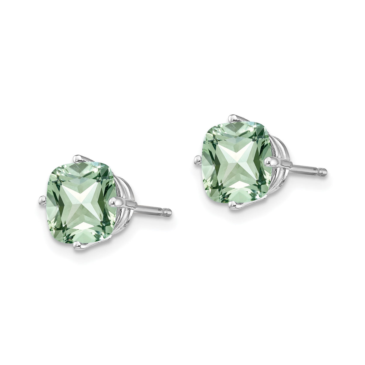 14k White Gold Stud Earrings with Cushion Cut Green Quartz in Four-Prong Setting