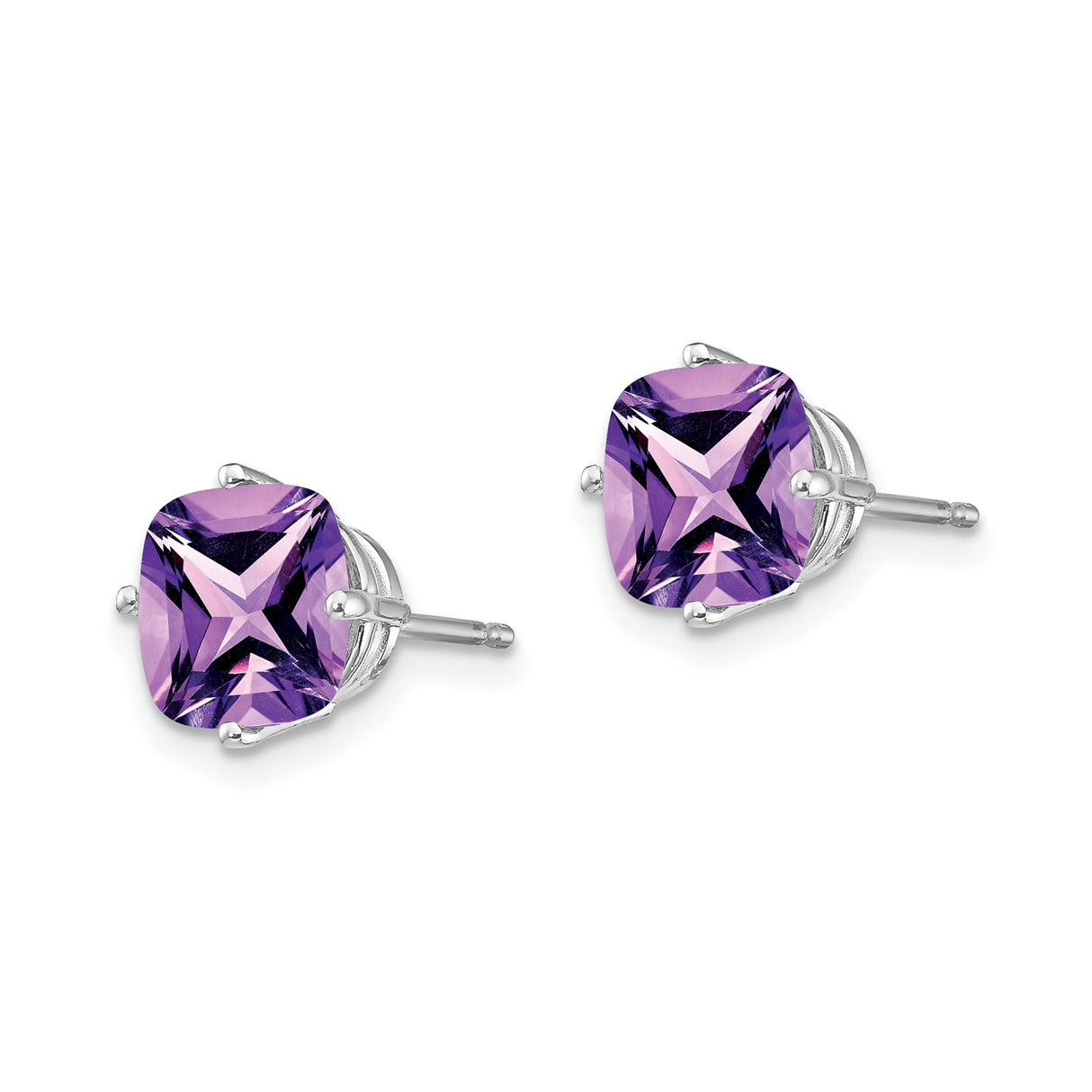 14k White Gold Amethyst Stud Earrings, Cushion Cut Purple Gemstone, Classic Prong Set Design