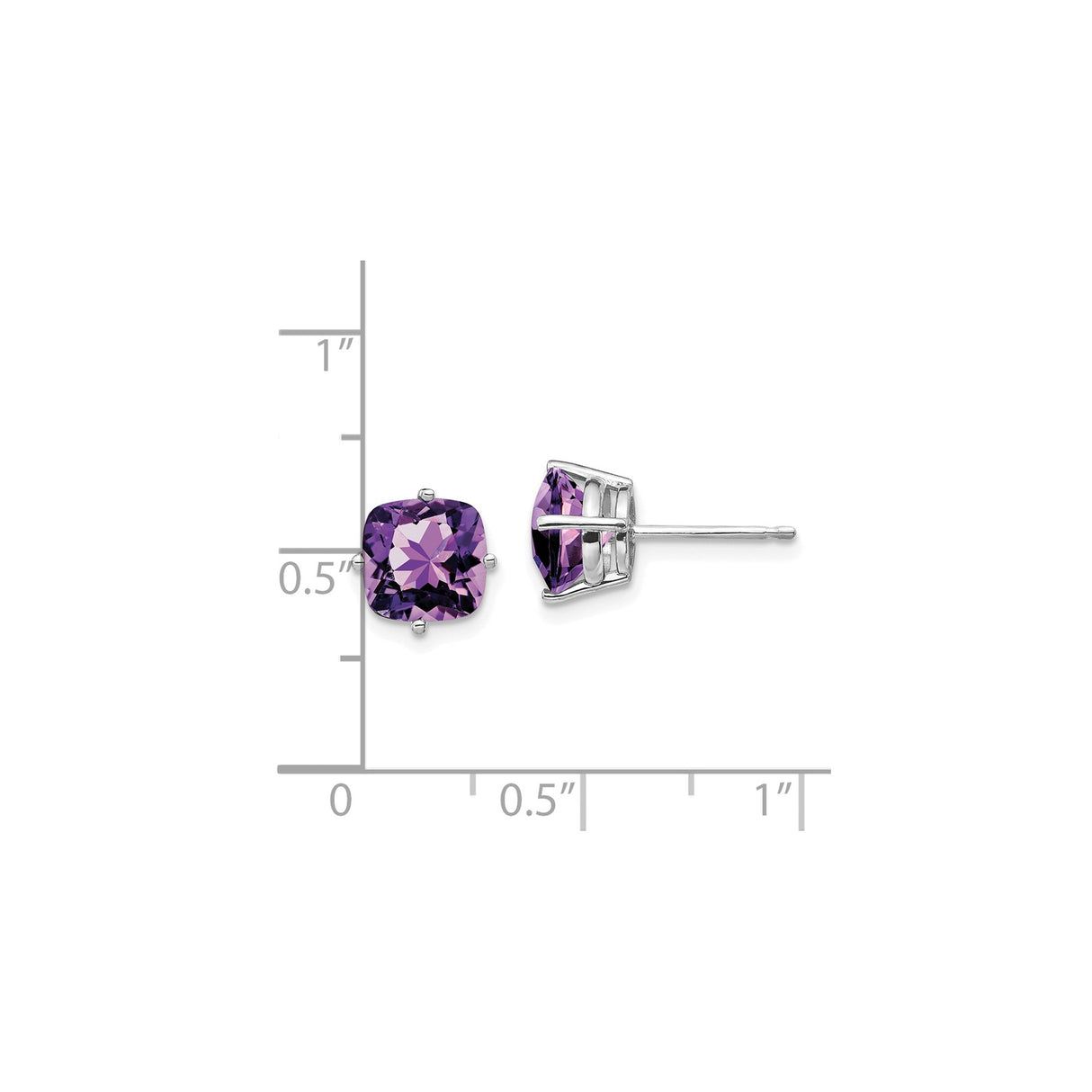 14k White Gold Amethyst Stud Earrings, Cushion Cut Purple Gemstone, Classic Prong Set Design