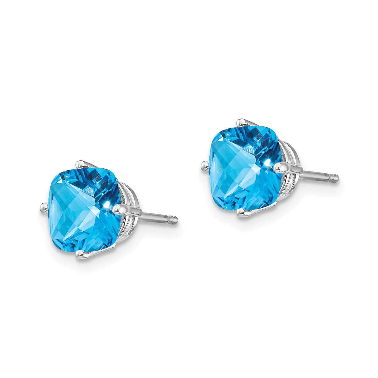 14k White Gold Stud Earrings with Cushion Cut Swiss Blue Topaz, Checkerboard Cut