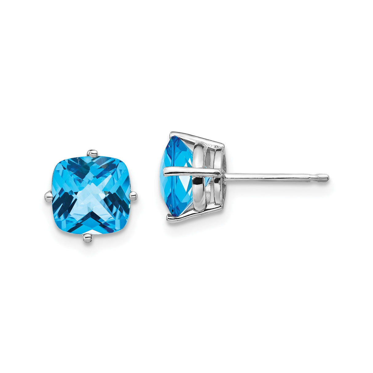 14k White Gold Stud Earrings with Cushion Cut Swiss Blue Topaz, Checkerboard Cut