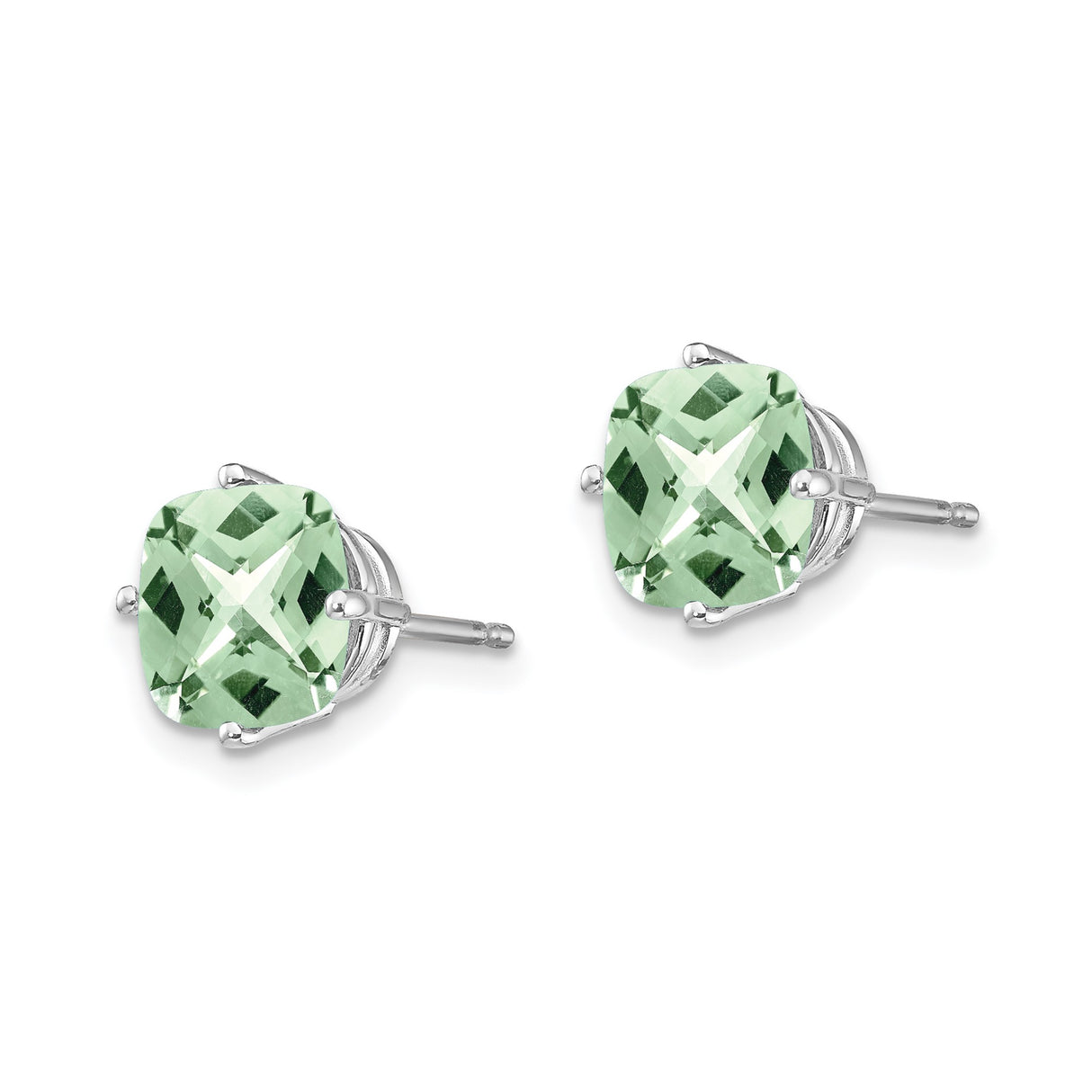 14k White Gold Stud Earrings with Cushion Cut Green Quartz, Prong Set Minimalist Design