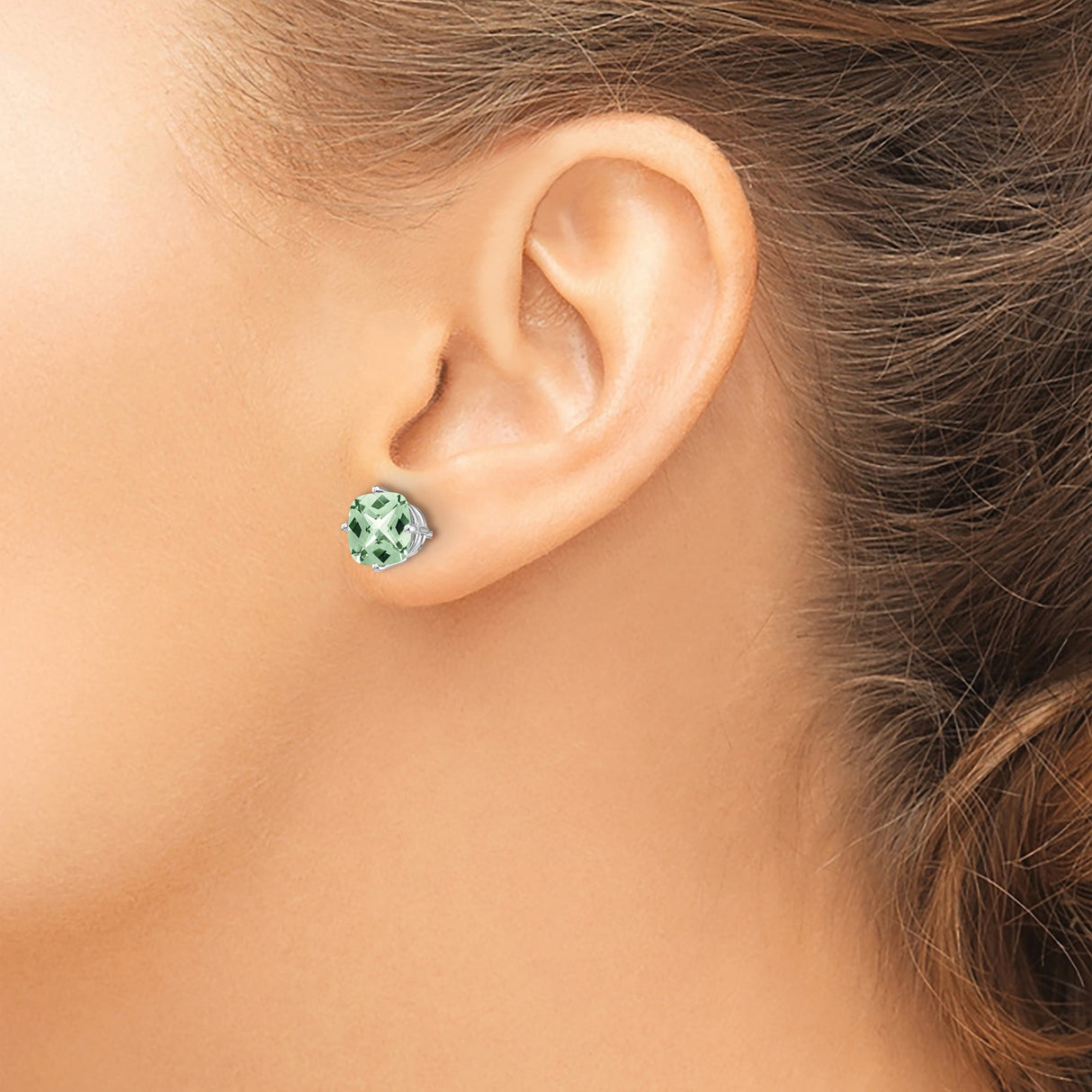 14k White Gold Stud Earrings with Cushion Cut Green Quartz, Prong Set Minimalist Design