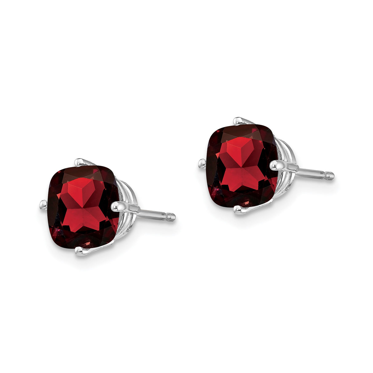 14k White Gold Garnet Stud Earrings with Cushion Cut Gemstone, Classic Romantic Design