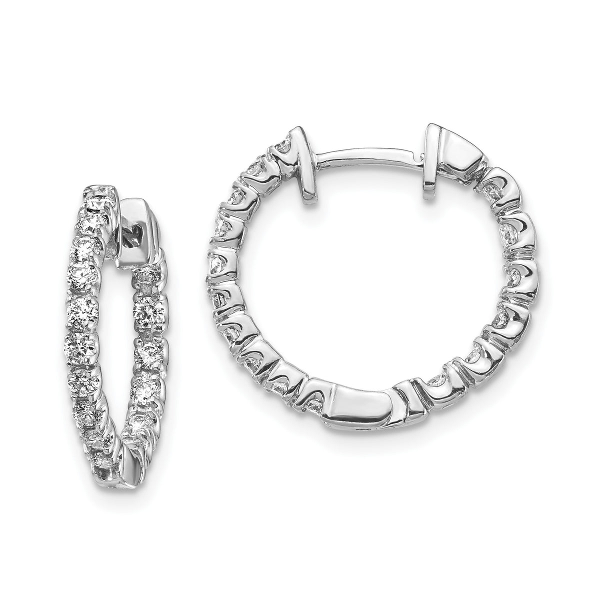 14k White Gold Hoop Earrings with Prong Set Diamonds, Classic Round Design
