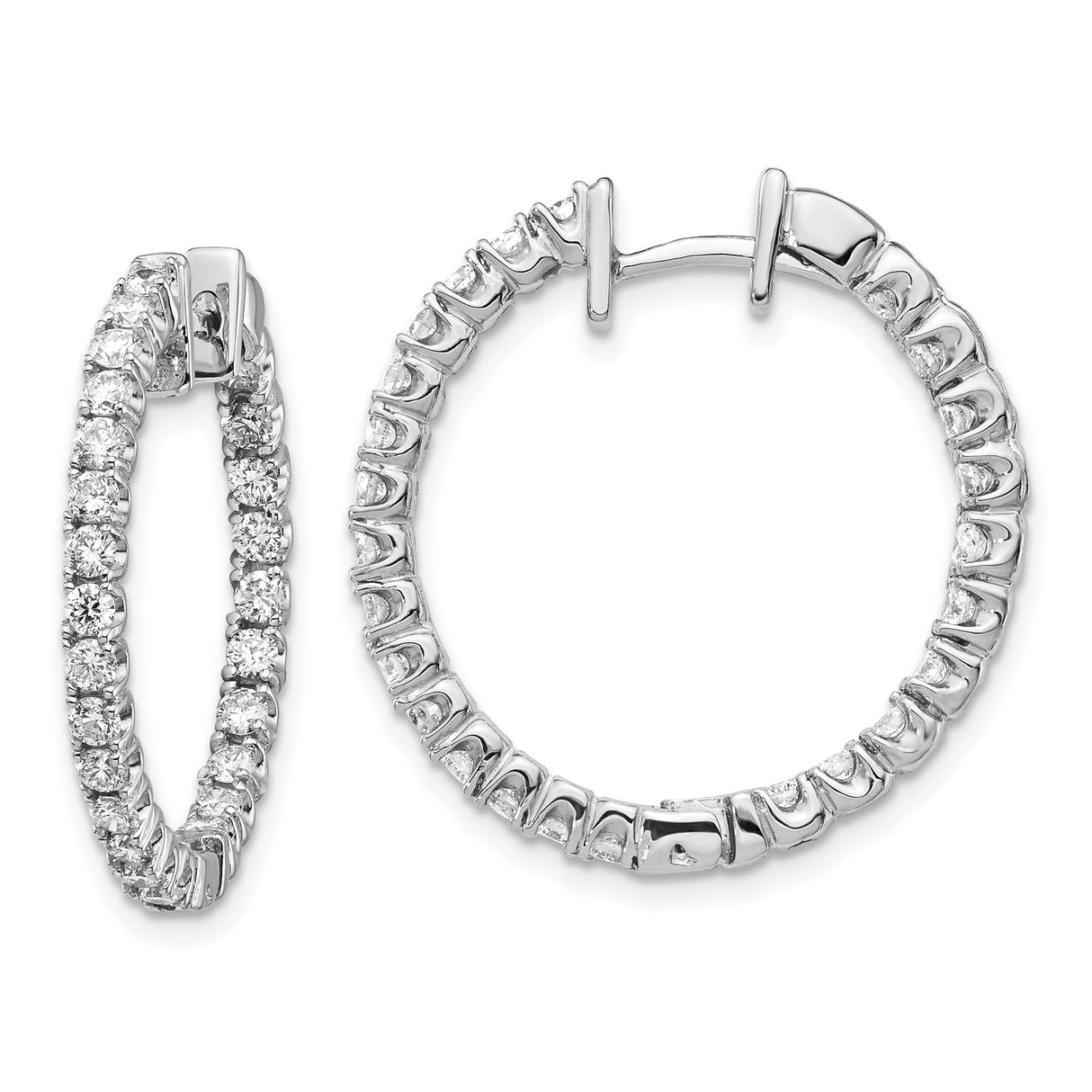 14k White Gold Diamond Hoop Earrings with Round Cut Prong-Set Stones, Full Circle Design