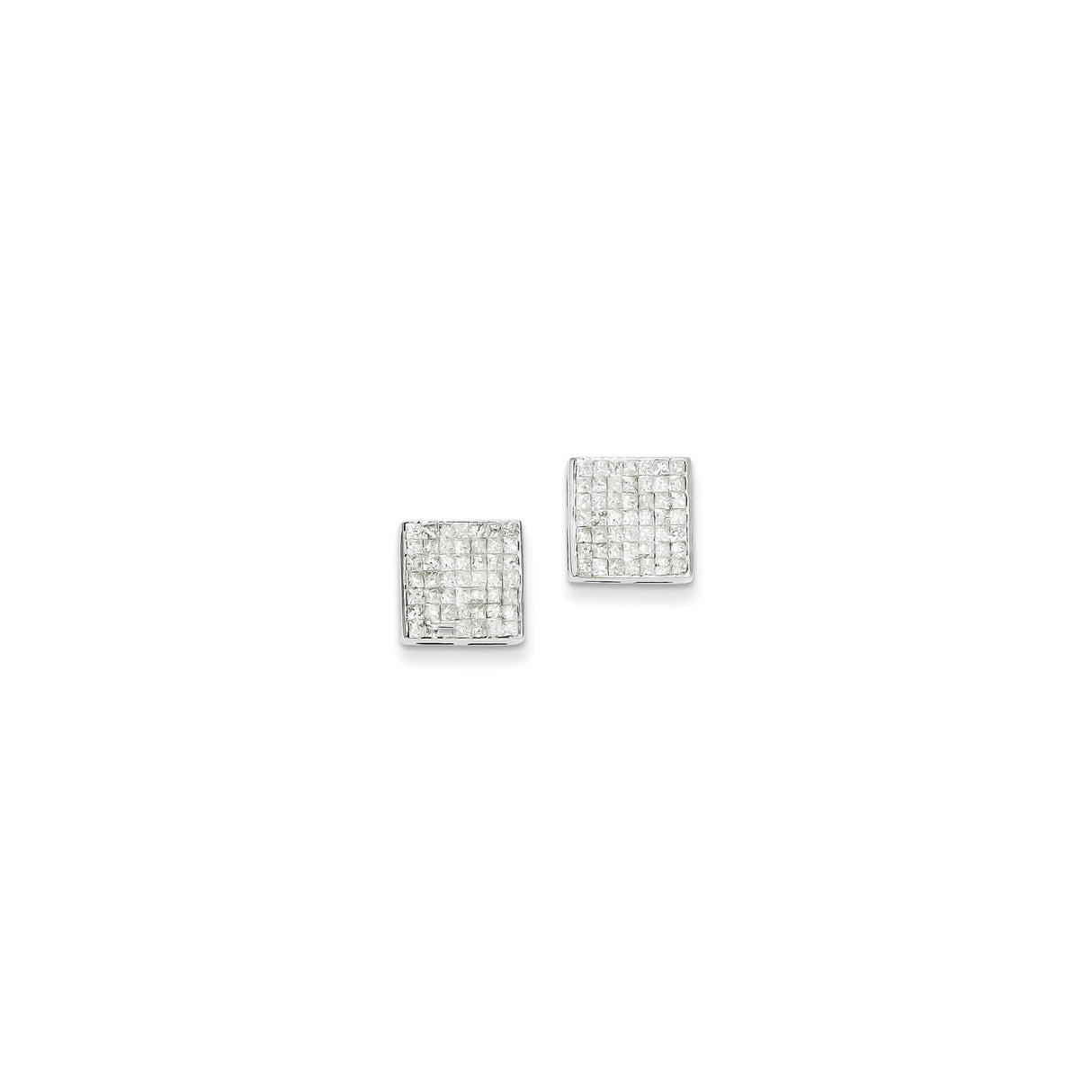 14k White Gold Diamond Stud Earrings, Square Grid Design, Minimalist Modern Style