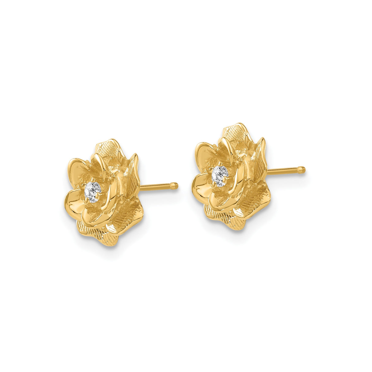 14k Yellow Gold Flower Stud Earrings with Diamond Center, Rose Design