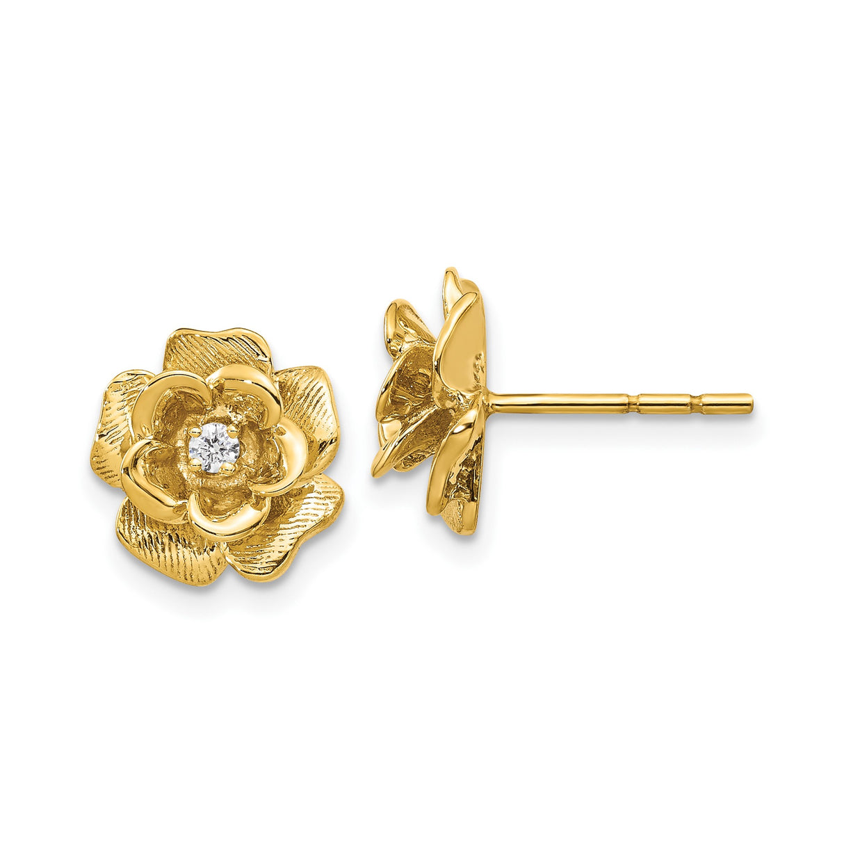 14k Yellow Gold Flower Stud Earrings with Diamond Center, Rose Design for Women