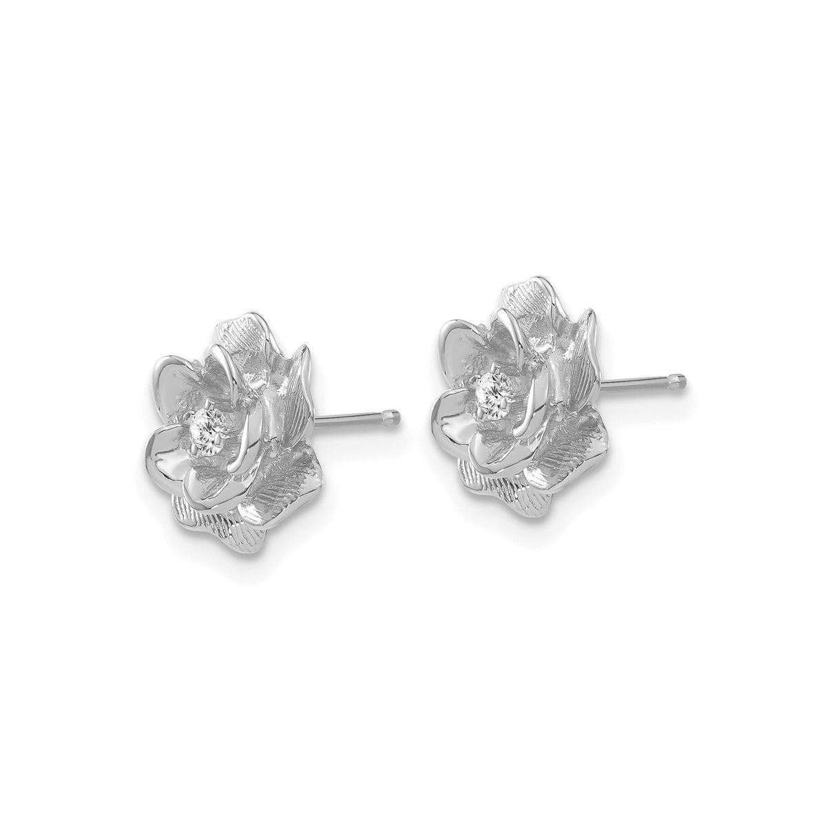 14k White Gold Flower Stud Earrings with Diamond, Rose Design, Botanical Style