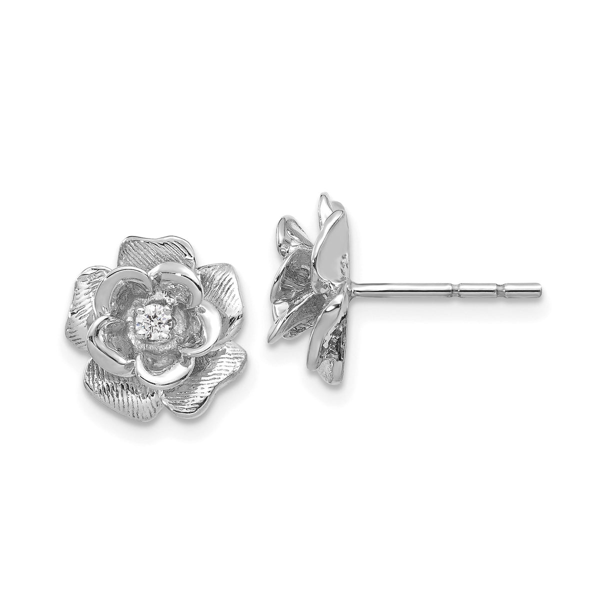 Sterling Silver Rose Stud Earrings with Diamond Center, Floral Design Jewelry for Women
