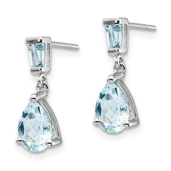 14k White Gold Dangle Earrings with Tapered Baguette and Pear-Shaped Aquamarine