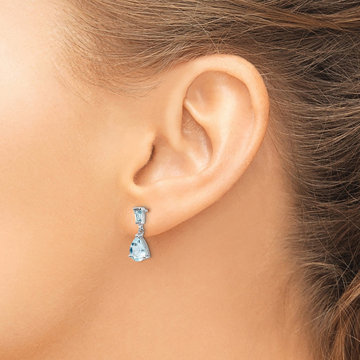 14k White Gold Dangle Earrings with Tapered Baguette and Pear-Shaped Aquamarine