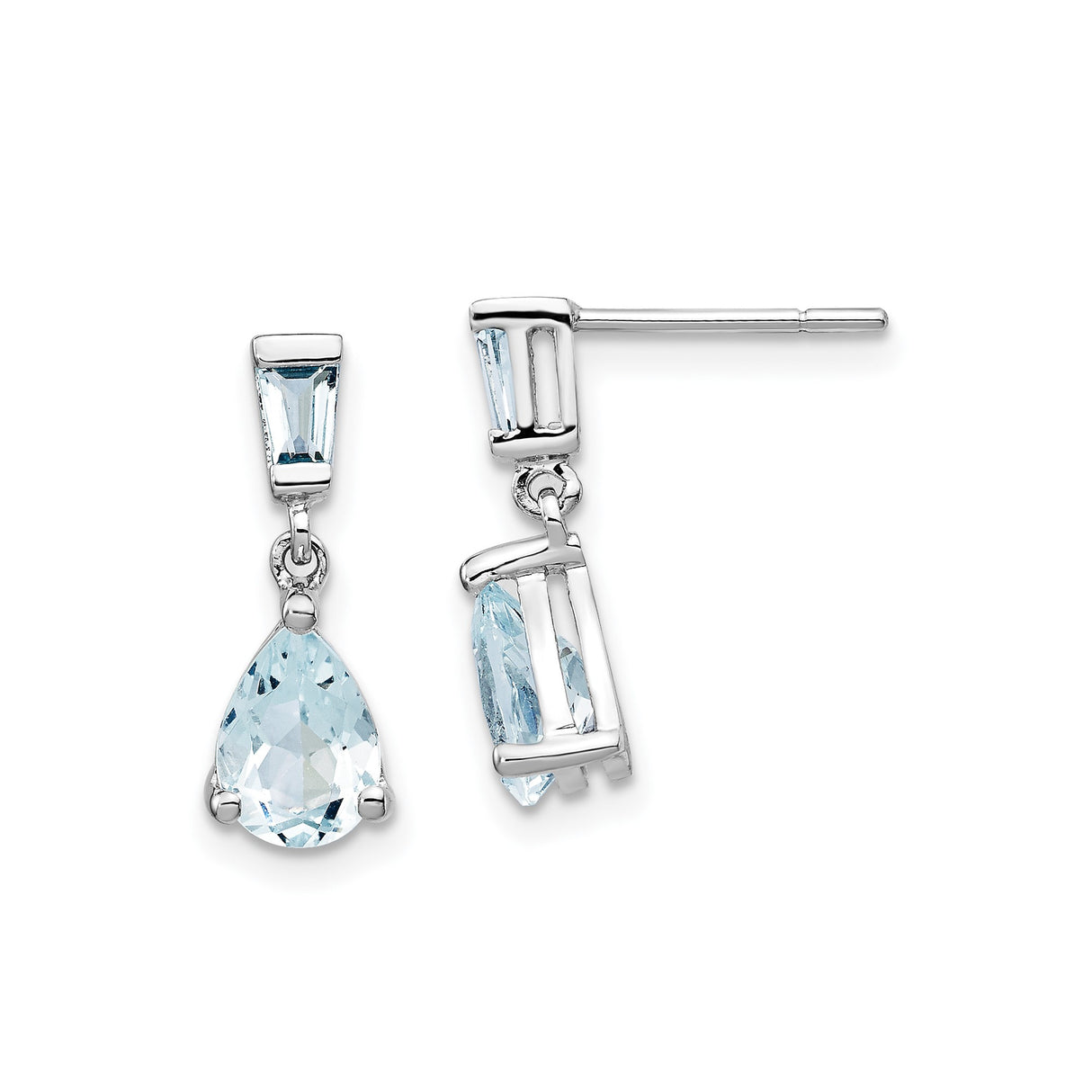 14k White Gold Dangle Earrings with Tapered Baguette and Pear-Shaped Aquamarine