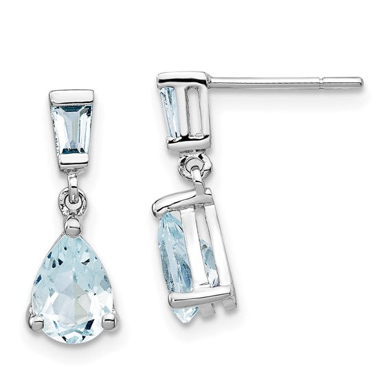 14k White Gold Dangle Earrings with Tapered Baguette and Pear-Shaped Aquamarine
