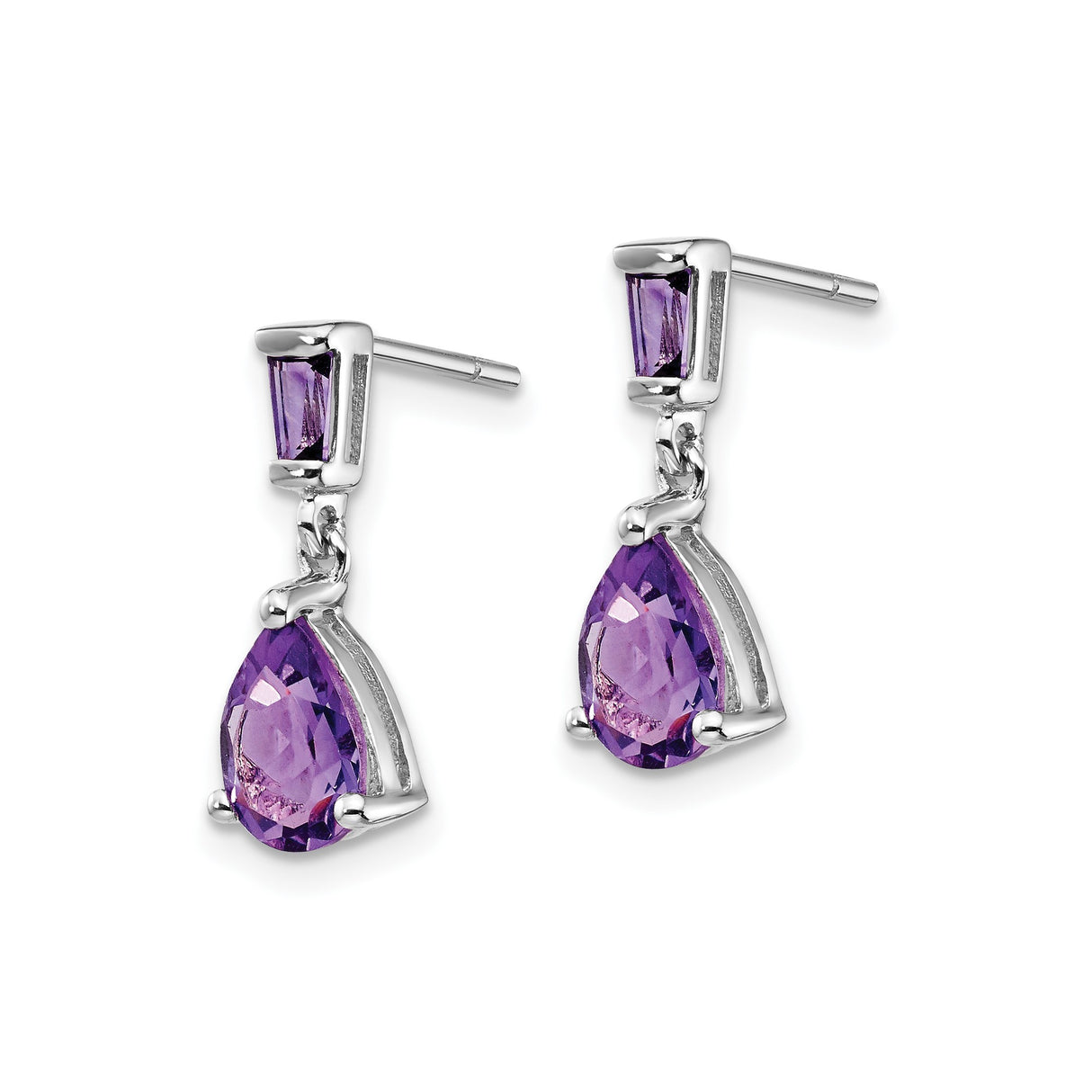 14k White Gold Dangle Earrings with Amethyst Baguette and Pear Cut Gemstones