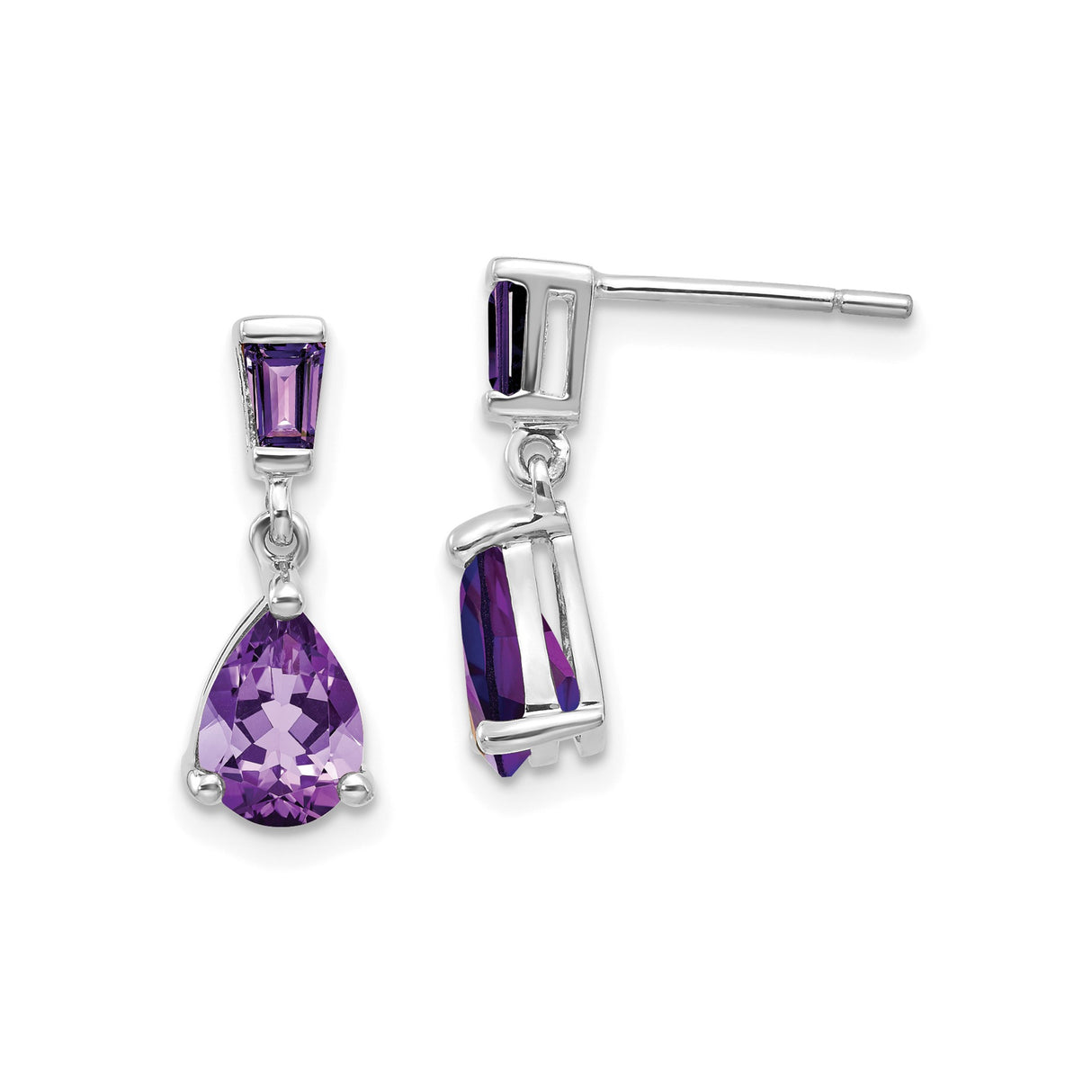 14k White Gold Dangle Earrings with Amethyst Baguette and Pear Cut Gemstones