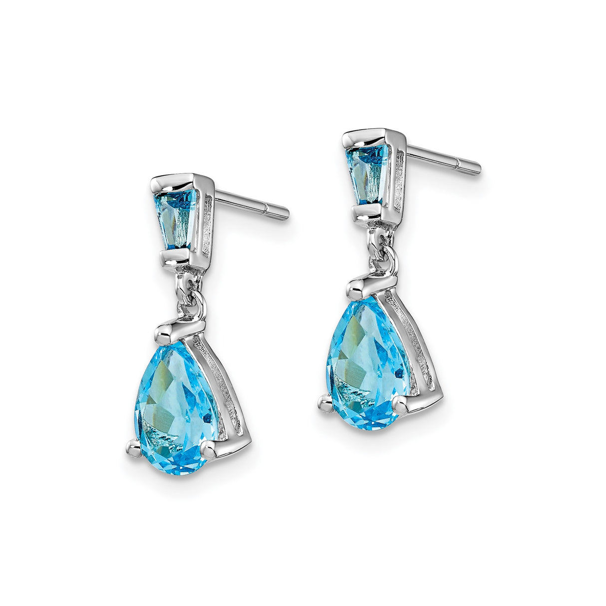 14k White Gold Dangle Earrings with Swiss Blue Topaz, Tapered Baguette and Pear Shapes