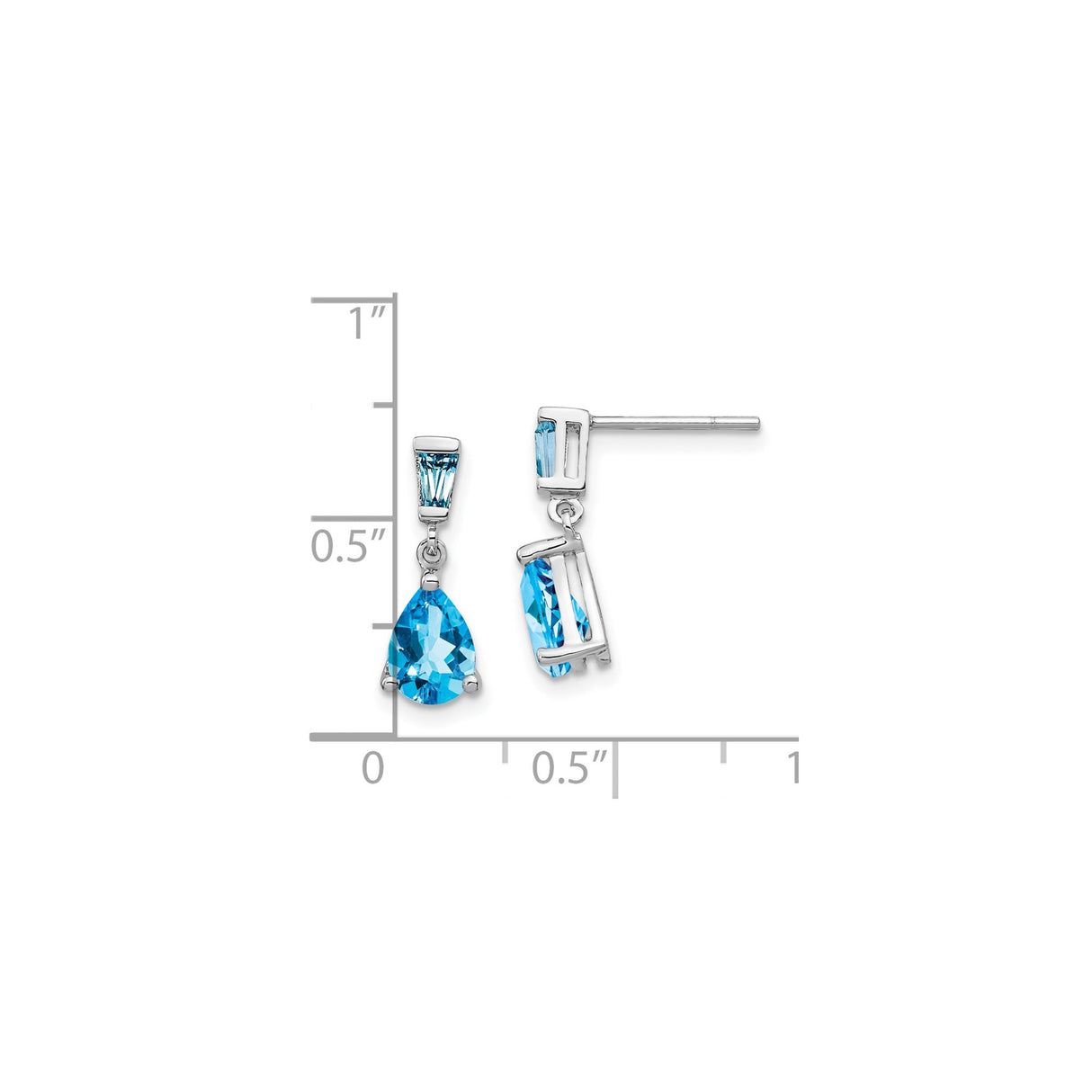 14k White Gold Dangle Earrings with Swiss Blue Topaz, Tapered Baguette and Pear Shapes