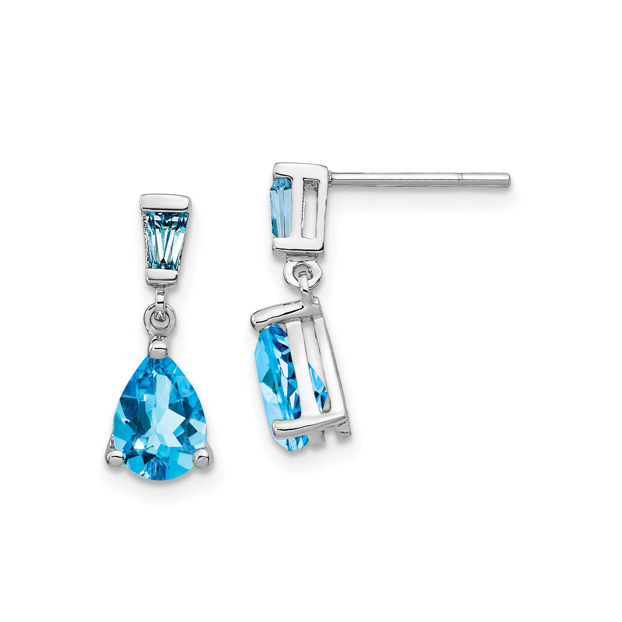 14k White Gold Dangle Earrings with Swiss Blue Topaz, Tapered Baguette and Pear Shapes